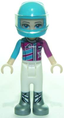 Stephanie, White Trousers, Medium Azure and Magenta Racing Jacket, Helmet